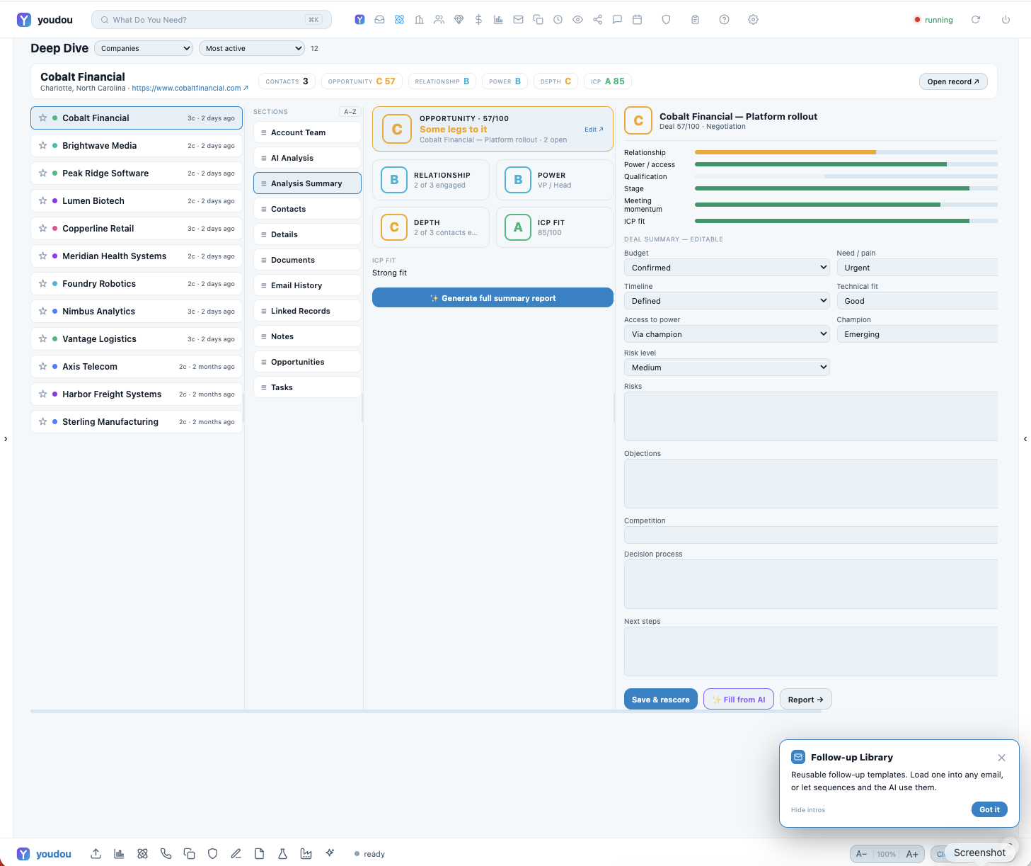 Deep Dive email history: threads, drafts, and pre-drafted next actions per account.