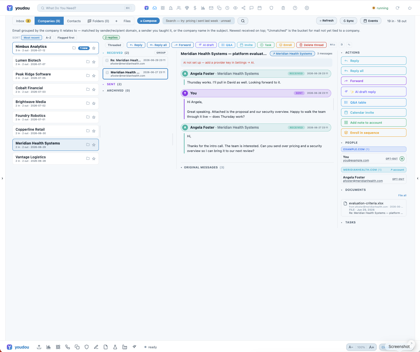 The inbox: threads bucketed by company, direction detected, compose inline.