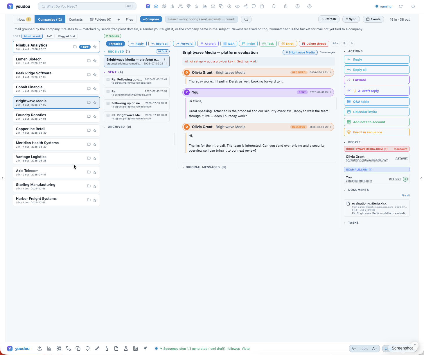 After: the same conversation in youdou — one thread with people, files, and the meeting link surfaced.