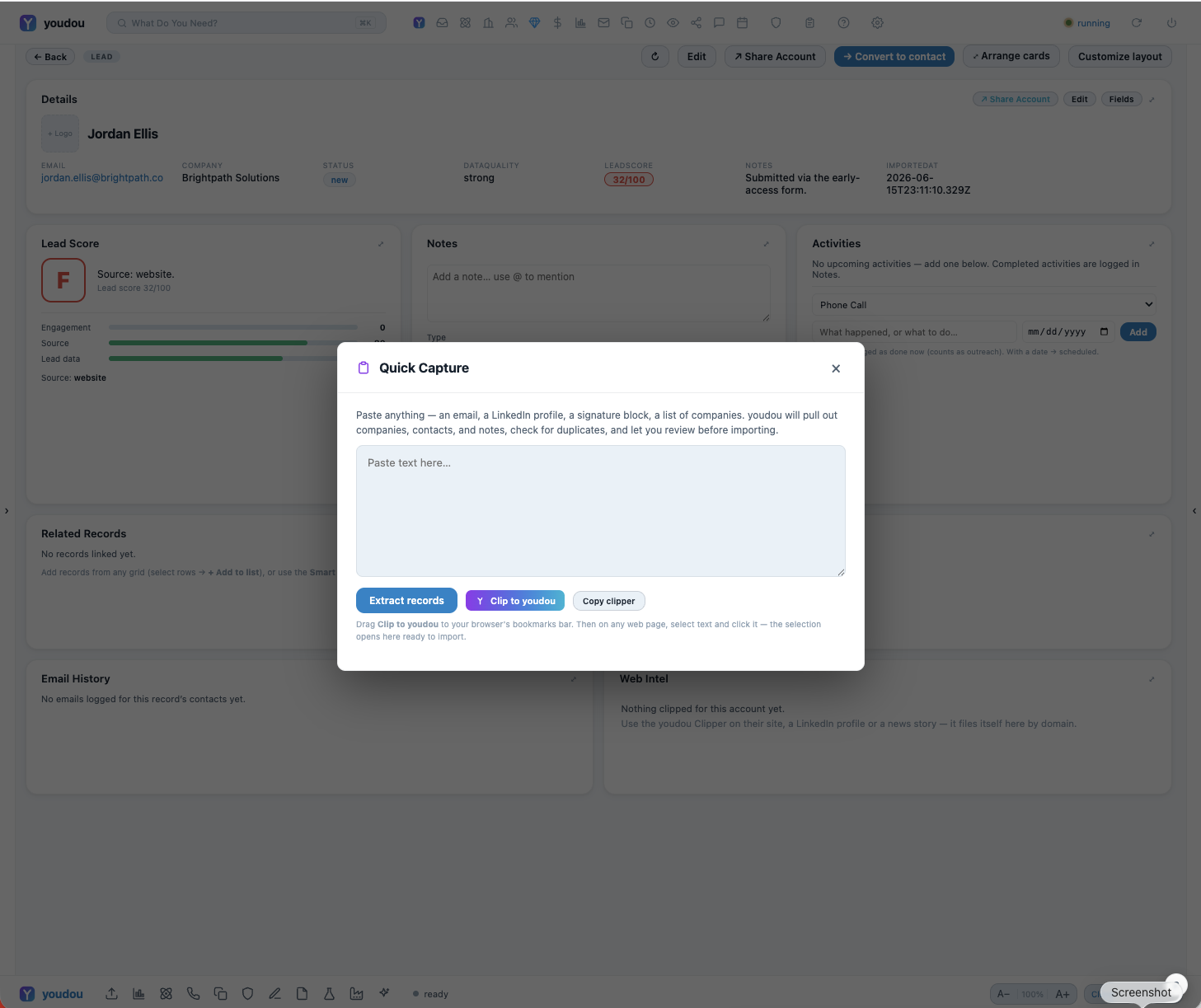 The clipper: selected text on a website landing in youdou as structured records.
