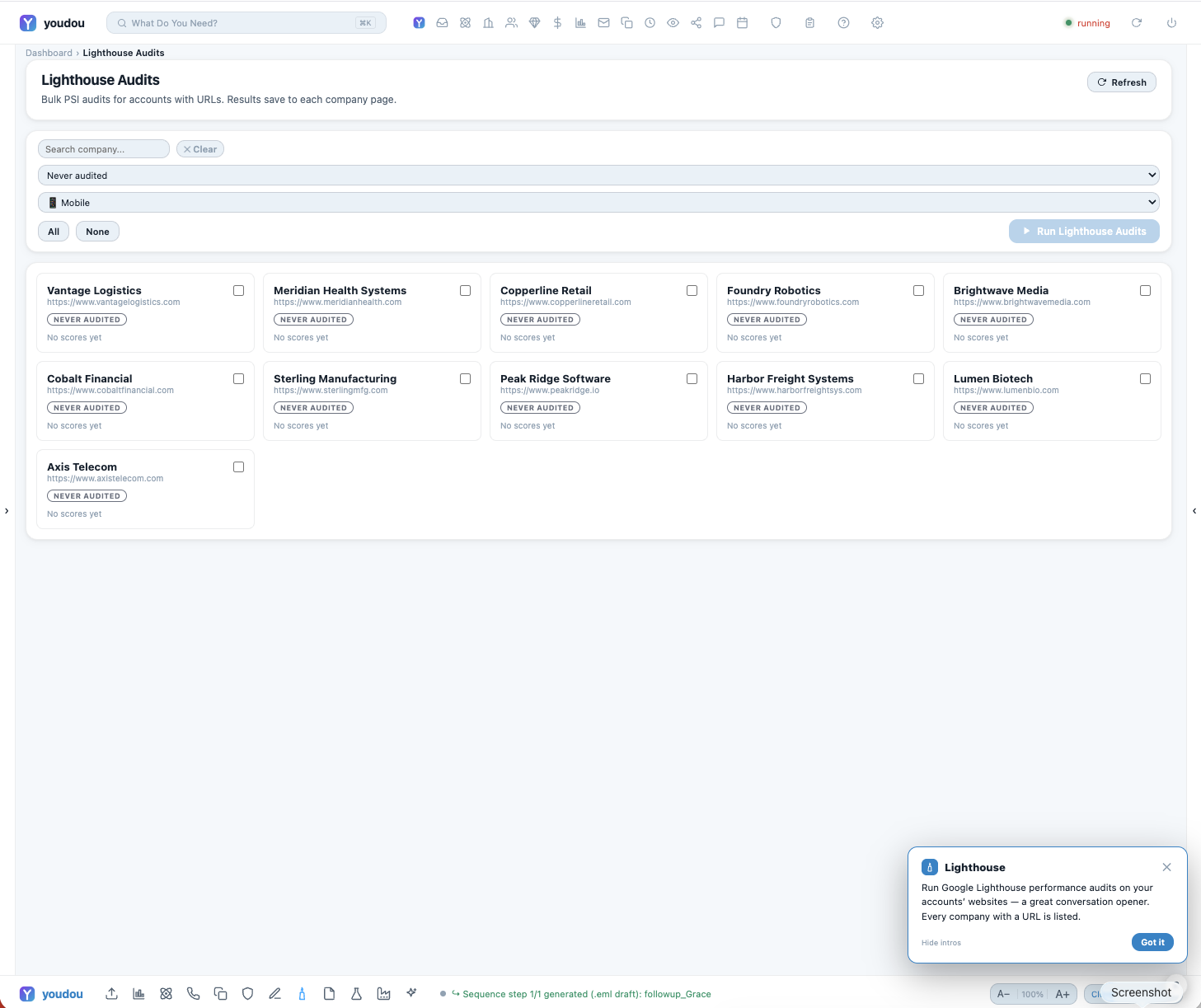 A Lighthouse audit on a prospect's site, ready to paste into the opener.