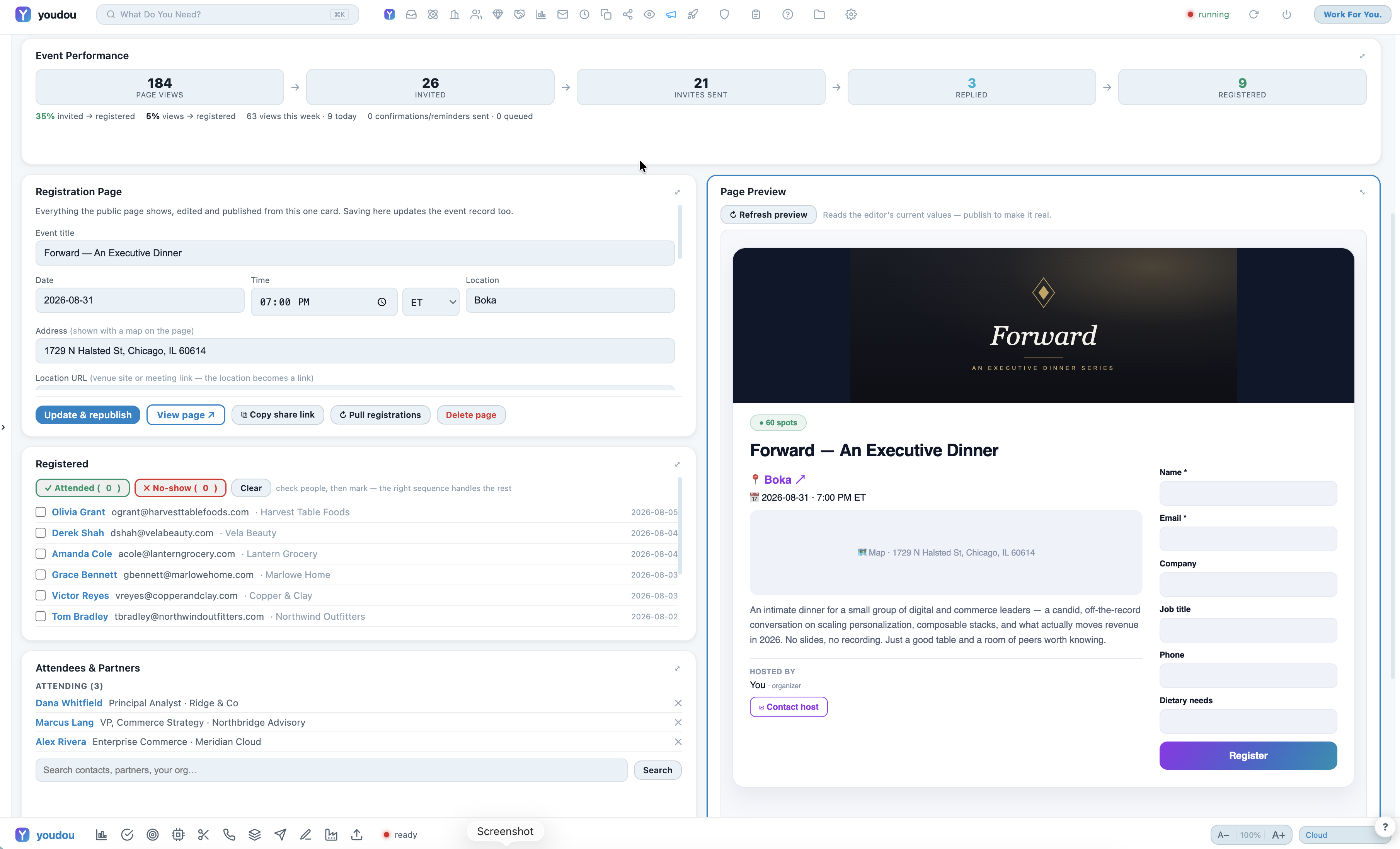 One-card event editor with live page preview