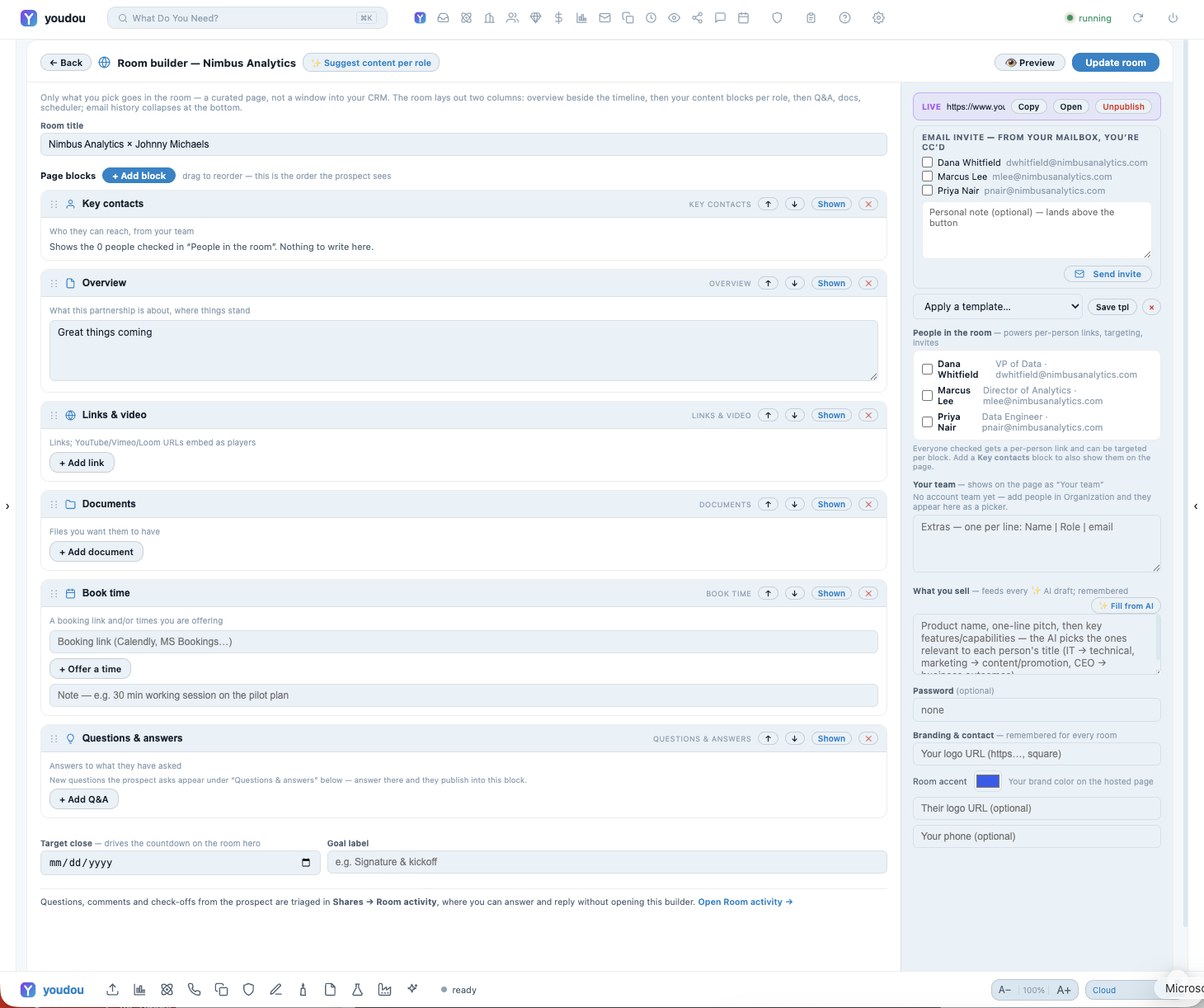 The builder: content on the left, people, links, and publishing on the right.